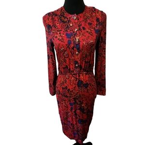 Vintage Peri Petites Red Paisley Midi Length Dress with Pleated Shoulders